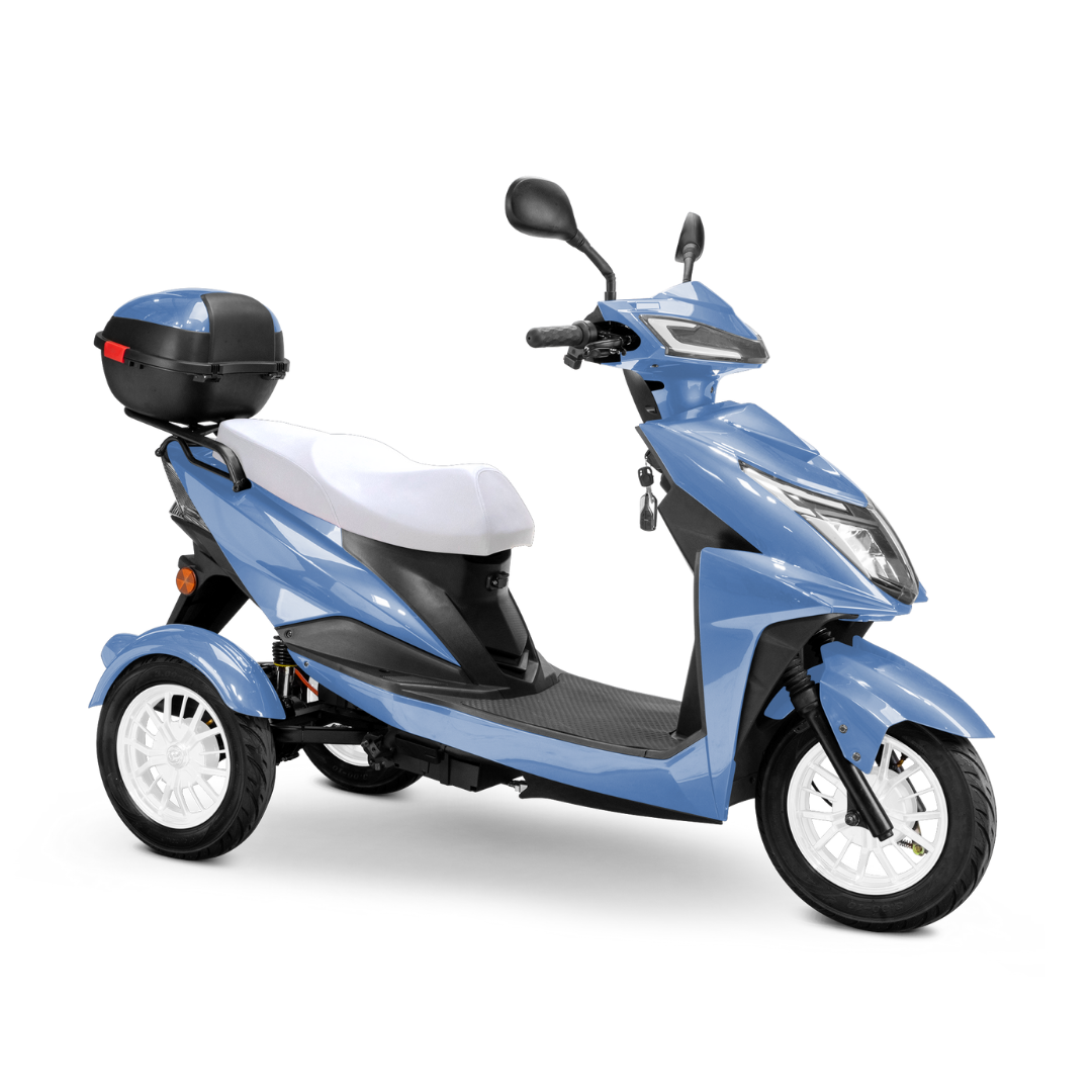 The Bespoke Regal Recreational 3-Wheel Scooter features a light blue body, 600W motor, white seat, black footboard, rear storage box, and side mirrors, shown on a white background.