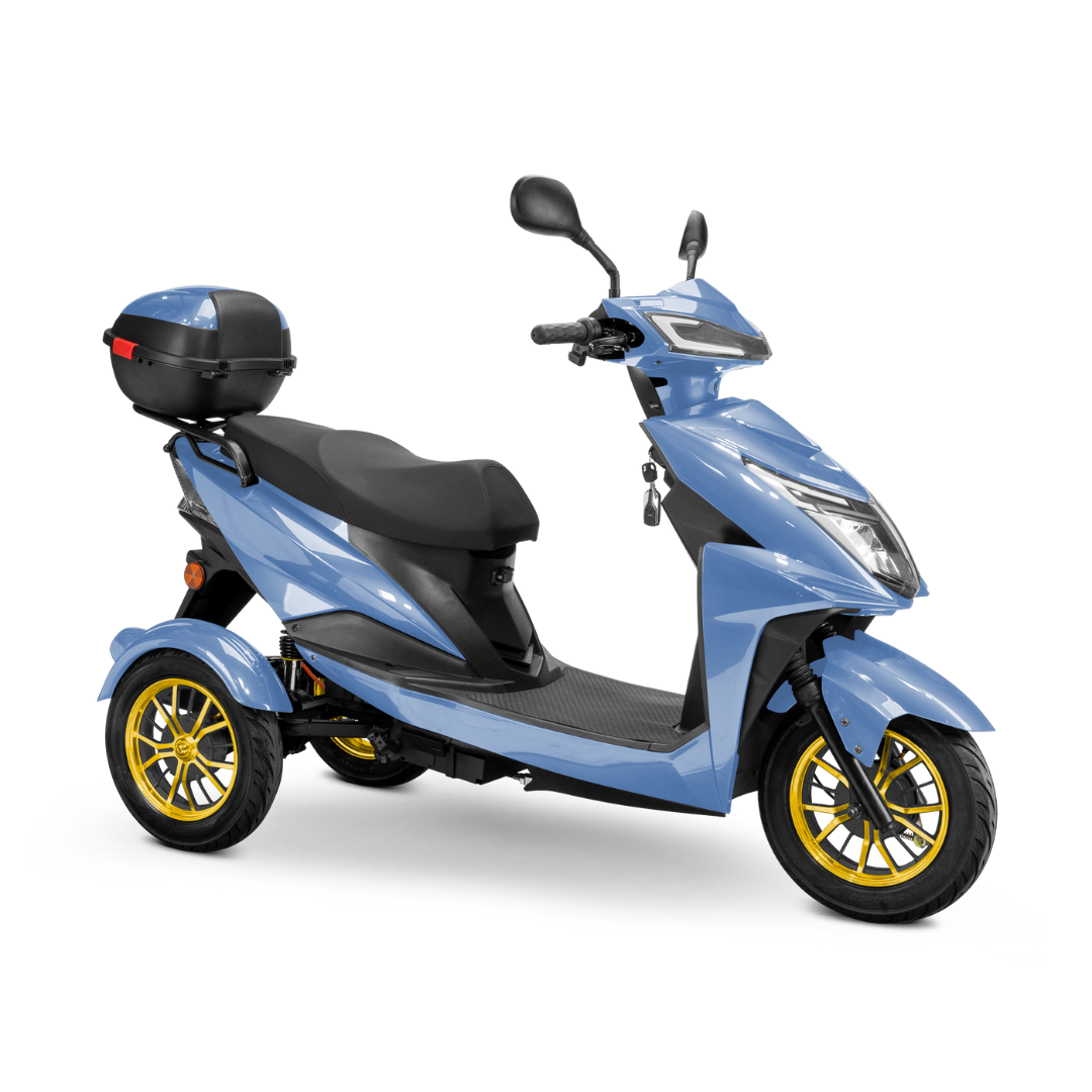 The Bespoke Regal Recreational 3-Wheel Scooter features a light blue body, powerful 600W motor, gold rims, black seat, rear storage box, and modern design, and is displayed on a white background.