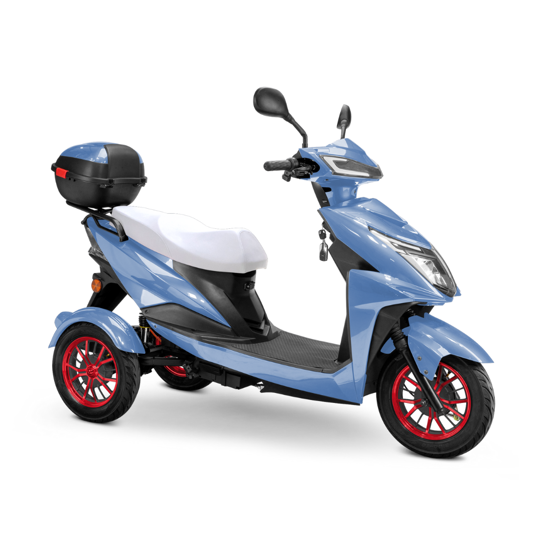 The Bespoke Regal Recreational 3-Wheel Scooter features a light blue body, powerful 600W motor, red rims, white seat, black footrest, rear storage box, side mirrors, and key in ignition, shown on a white background.
