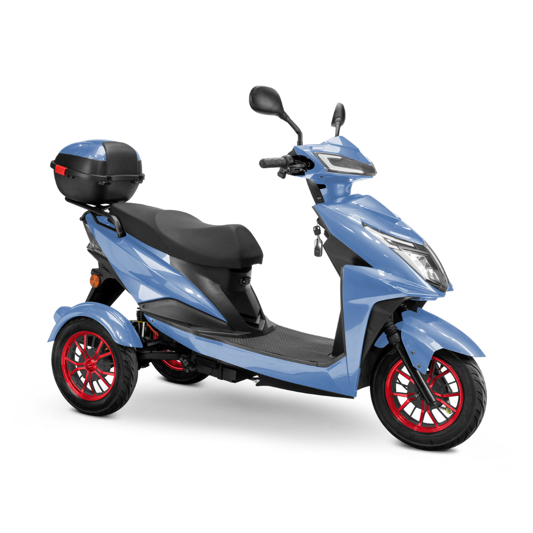 The Bespoke Regal Recreational 3-Wheel Scooter is shown in light blue with a 600W motor, red rims, black seat, rear storage box, side mirrors, and key in the ignition on a white background.