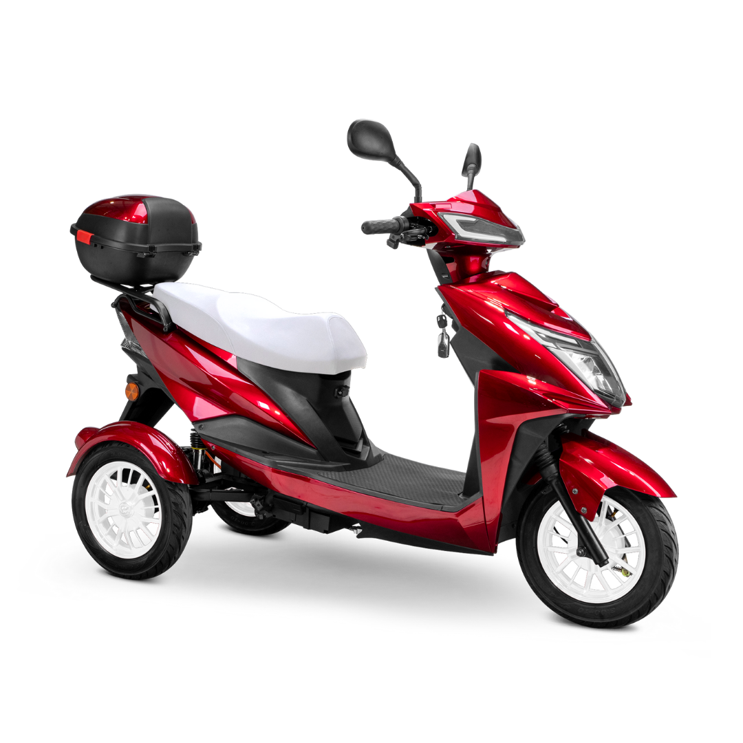 The Bespoke Regal Recreational 3-Wheel Scooter features a shiny red finish, a powerful 600-watt motor, white seat, black handlebars, and a rear black storage box, displayed against a white background.