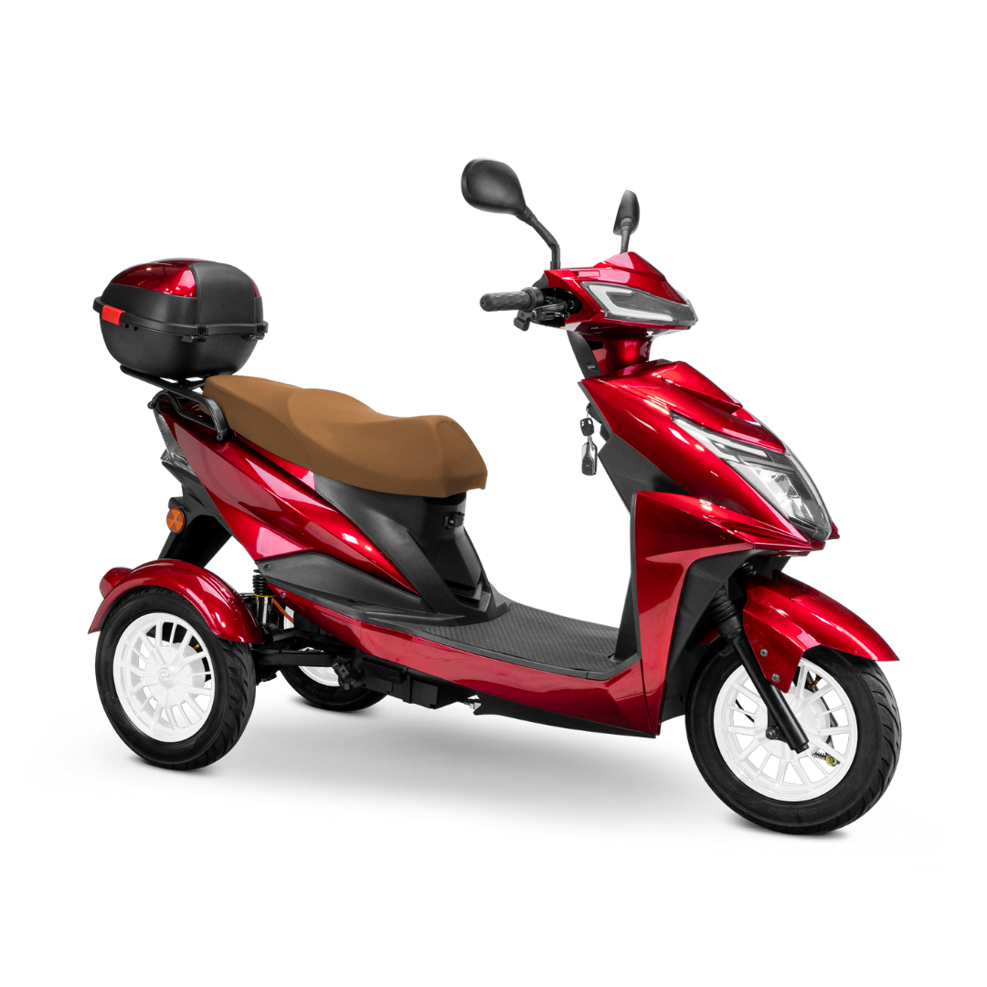 The Bespoke Regal Recreational 3-Wheel Scooter is a shiny red electric scooter with a 600W motor, brown seat, black footrest, white wheels, and black rear storage box, pictured from the side on a white background.