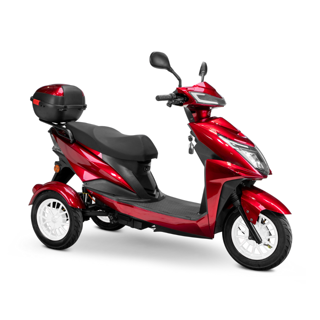 The Bespoke Regal Recreational 3-Wheel Scooter, featuring a shiny red finish, 600-watt motor, black seat, rear storage box, and white-rimmed wheels, is shown from the side against a white background.