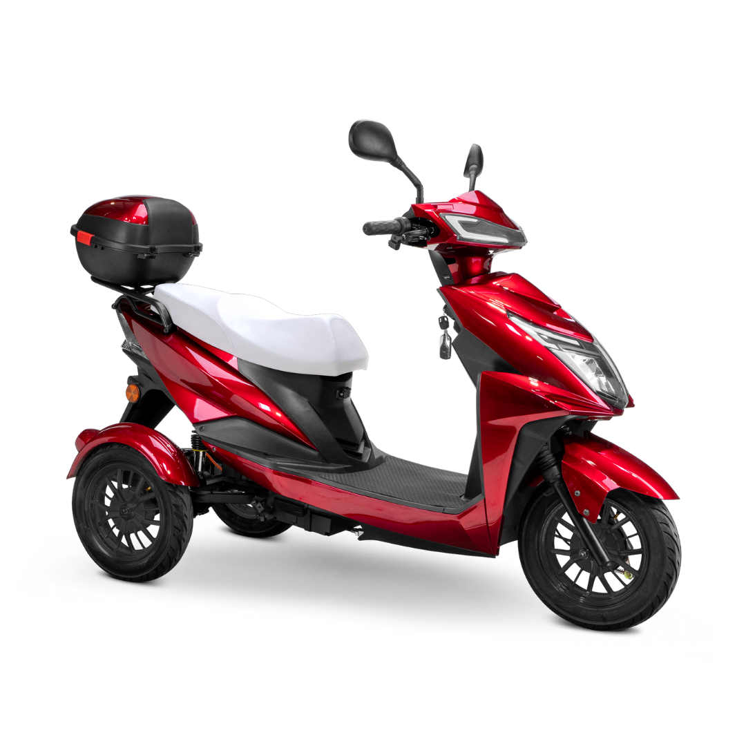 The Bespoke Regal Recreational 3-Wheel Scooter, featuring a shiny red finish, black seat with white cover, advanced alarm system, rear storage box, handlebars, and mirrors, is displayed on a plain white background.