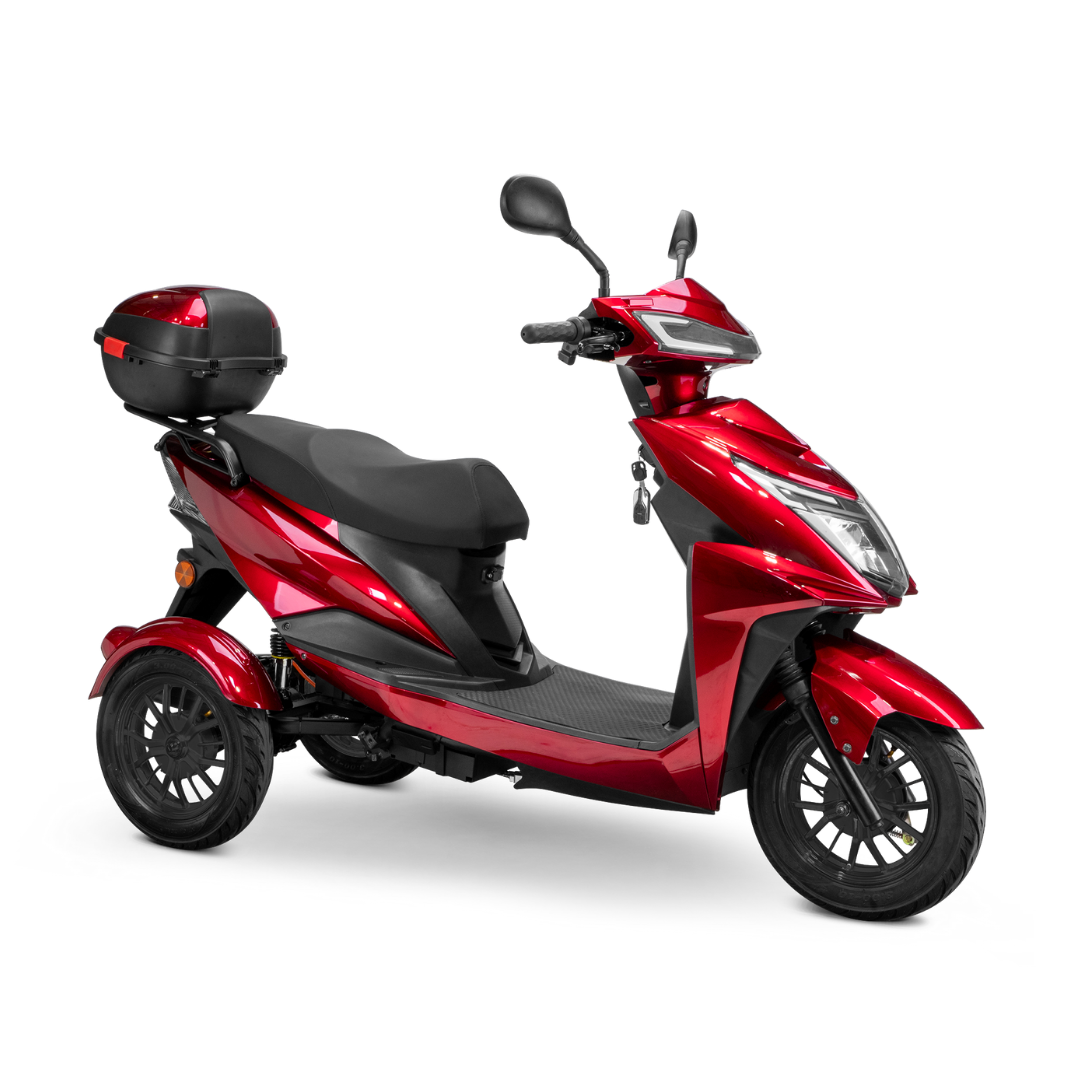 The Bespoke Regal Recreational 3-Wheel Scooter is a shiny red electric scooter with a 600-watt motor, black seat, rear storage box, and side mirrors, shown on a white background.