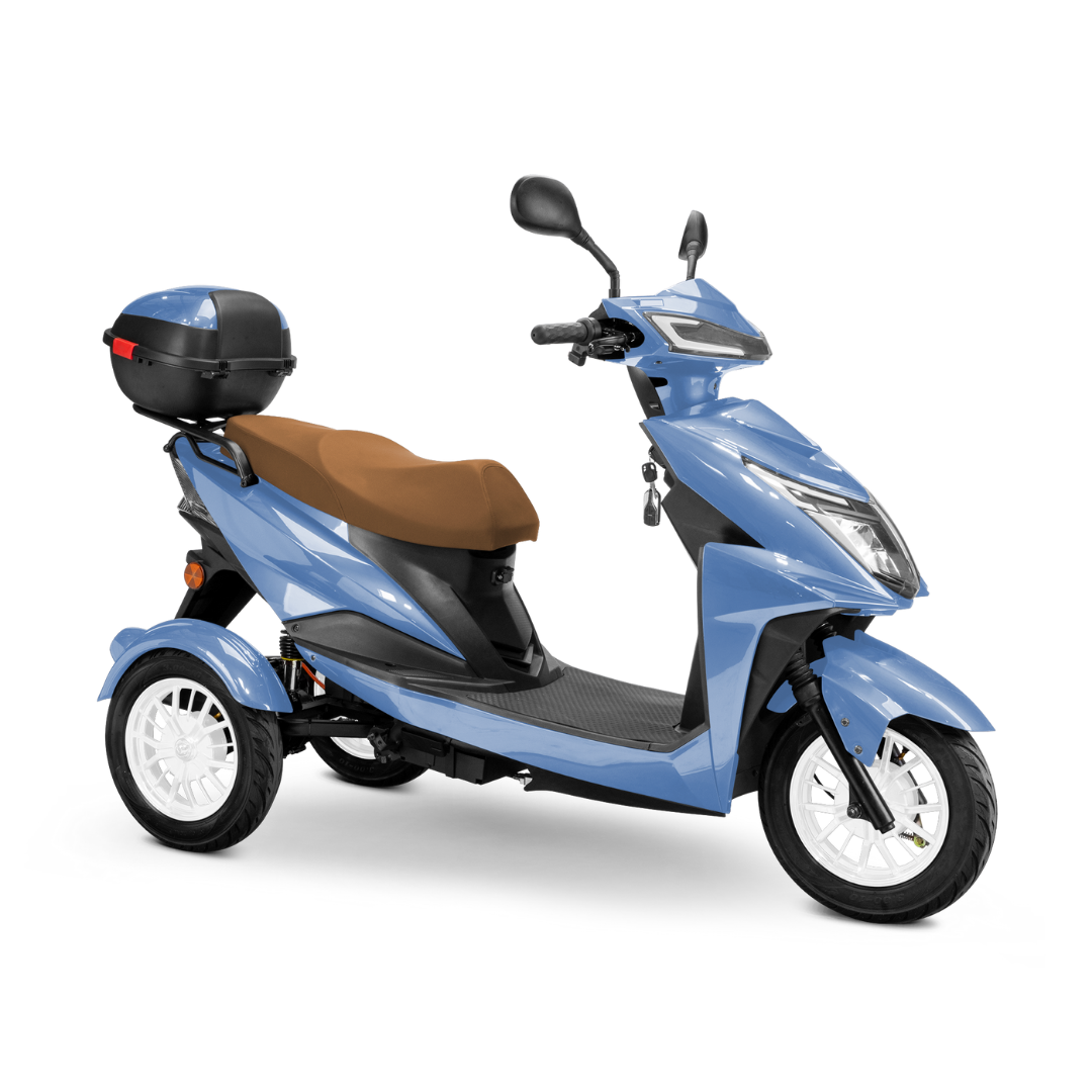 The Bespoke Regal Recreational 3-Wheel Scooter is light blue with a brown seat, white wheels, 600W motor, rear black storage box, key in the ignition, and advanced alarm system, shown on a white background.