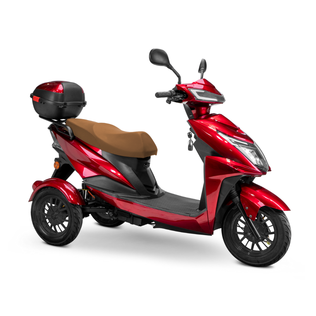 The Bespoke Regal Recreational 3-Wheel Scooter features a shiny red finish, tan seat, black wheels, 600-watt motor, and a rear storage box, shown against a white background.