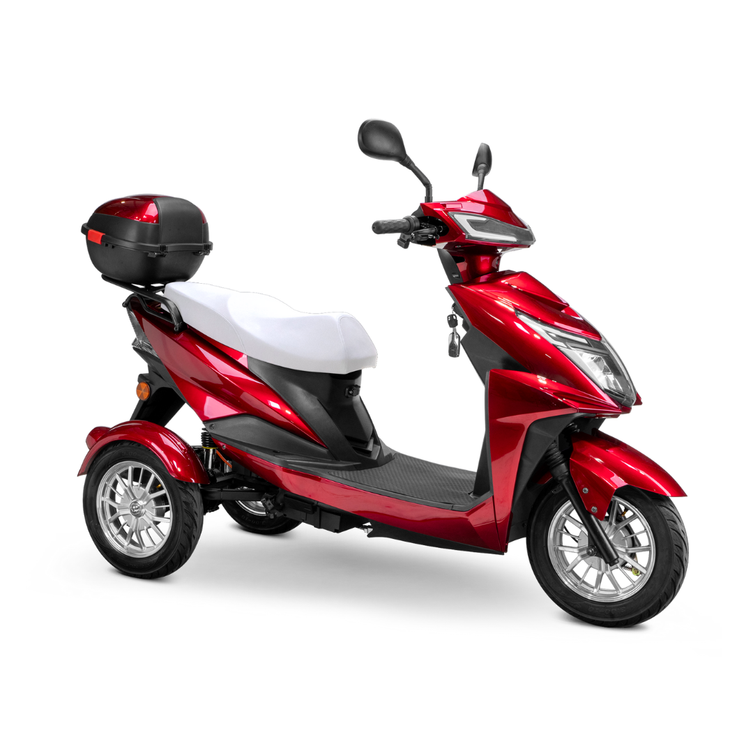 The Bespoke Regal Recreational 3-Wheel Scooter features a shiny red finish, 600-watt motor, white seat, black floorboard, rear storage box, and silver rims; it is shown from the side on a plain white background.