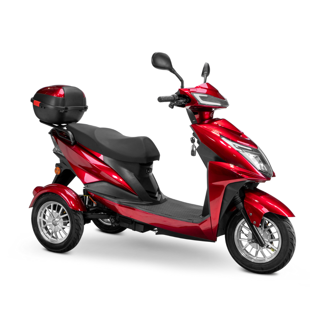 The Bespoke Regal Recreational 3-Wheel Scooter, featuring a shiny red finish, 600-watt motor, black seat, rear storage box, and silver alloy wheels, is displayed against a white background.