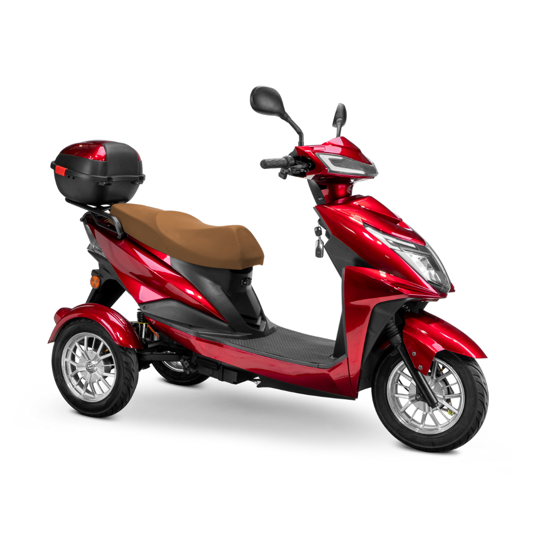 The Bespoke Regal Recreational 3-Wheel Scooter, shown in shiny red with a brown seat, black floorboard, chrome wheels, rear cargo box, and a powerful 600-watt motor, is viewed from the side against a white background.