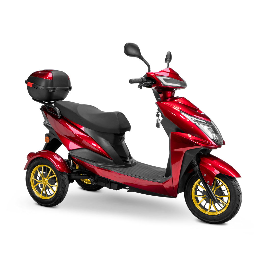 The Bespoke Regal Recreational 3-Wheel Scooter features a shiny red finish, 600-watt motor, gold rims, black seat, rearview mirrors, advanced alarm system, and a rear storage box—shown on a white background.