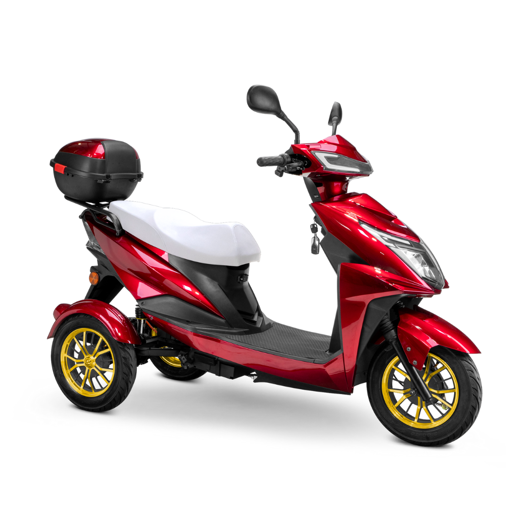 The Bespoke Regal Recreational 3-Wheel Scooter features a shiny red body, powerful 600W motor, gold rims, white seat, black footboard, and black rear storage box, displayed against a white background.