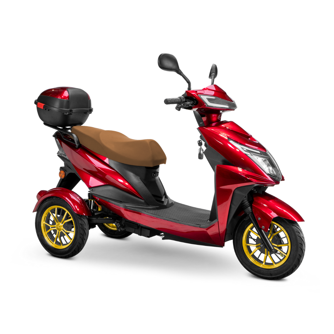 The Bespoke Regal Recreational 3-Wheel Scooter features a shiny red finish, 600-watt motor, brown seat, yellow-rimmed wheels, black footrest, and a rear black storage box, all set against a white background.