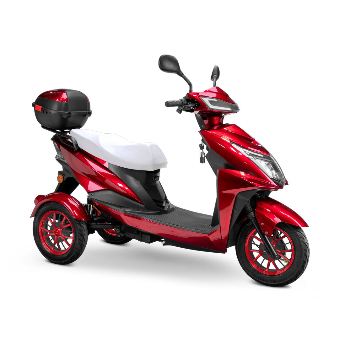 The Bespoke Regal Recreational 3-Wheel Scooter features a shiny red finish, white seat, black footrest, 600-watt motor, and a black rear storage box. It’s displayed against a white background.