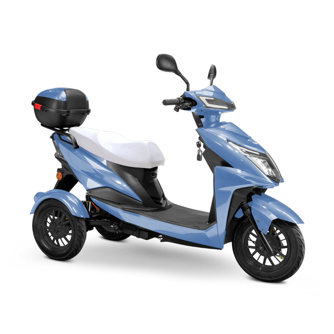 The Bespoke Regal Recreational 3-Wheel Scooter is a light blue, 600-watt electric model with a white seat, black rear storage box, and angular front design, shown from the front-left against a white background.