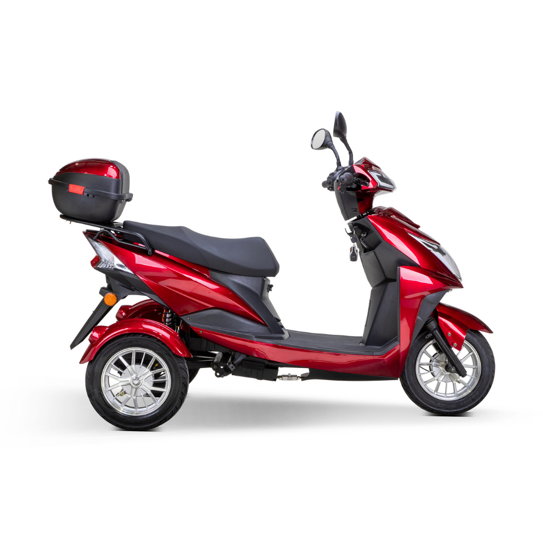 The Bespoke Regal Recreational 3-Wheel Scooter, featuring a shiny red finish, 600-watt motor, black seat, rear storage box, and silver wheels, is displayed in profile on a white background.