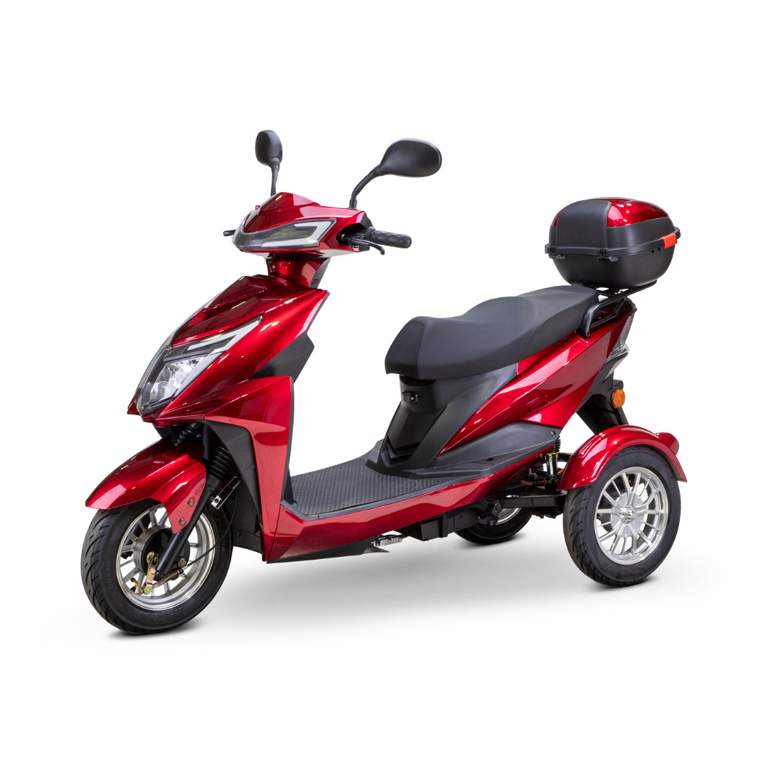 The Bespoke Regal Recreational 3-Wheel Scooter features a shiny red finish, 600-watt motor, black seat, rear storage box, mirrors, and silver alloy wheels, displayed against a white background.