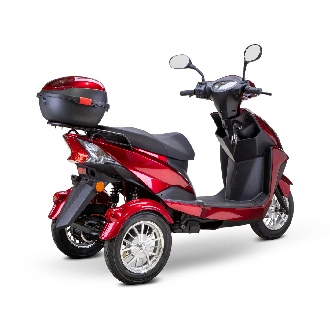 The Bespoke Regal Recreational 3-Wheel Scooter, shown against a white background, features a shiny red body, 600-watt motor, black top case, two rear wheels, and side mirrors.