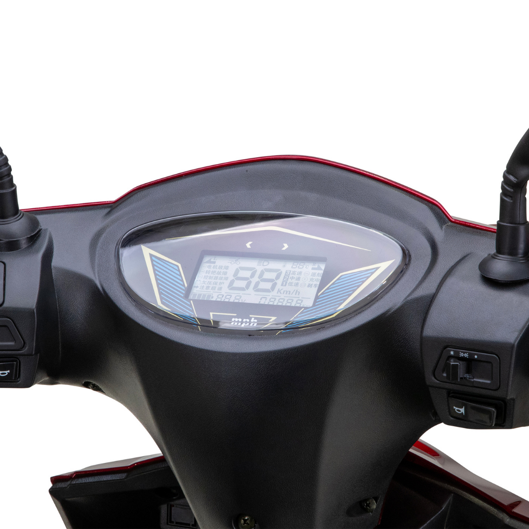 Close-up of the Bespoke Regal Recreational 3-Wheel Scooters digital dashboard displaying speed in km/h and other data, with black handlebars and control buttons on each side. The advanced alarm system provides extra security. White background.