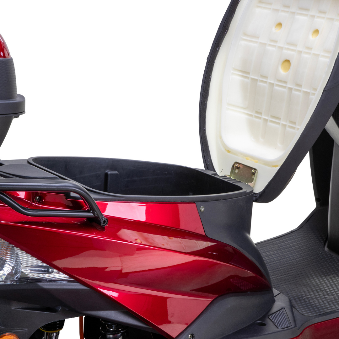 A close-up of the Bespoke Regal Recreational 3-Wheel Scooter with its seat lifted, clearly showing the spacious under-seat storage—an ideal spot for installing an advanced alarm system.