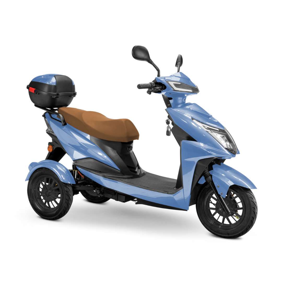 The Bespoke Regal Recreational 3-Wheel Scooter features a light blue body, 600W motor, brown seat, black rear storage box, and a modern angular design, shown facing left.