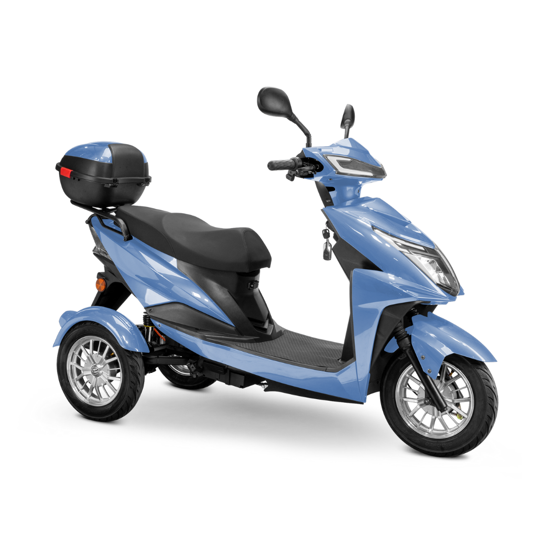 The Bespoke Regal Recreational 3-Wheel Scooter features a light blue body, powerful 600-watt motor, black seat with backrest, rear storage box, mirrors, and a two-rear one-front wheel design. All shown against a white background.