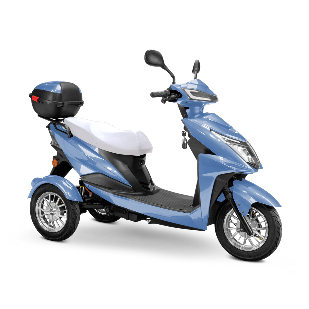 The Bespoke Regal Recreational 3-Wheel Scooter is a modern light-blue electric scooter with a 600-watt motor, white seat, black handlebar, and black rear cargo box, displayed against a white background.