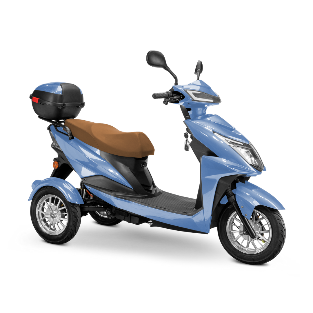 The Bespoke Regal Recreational 3-Wheel Scooter features a light blue body, 600-watt motor, brown seat, black rear storage box, and modern side-view design on a white background.