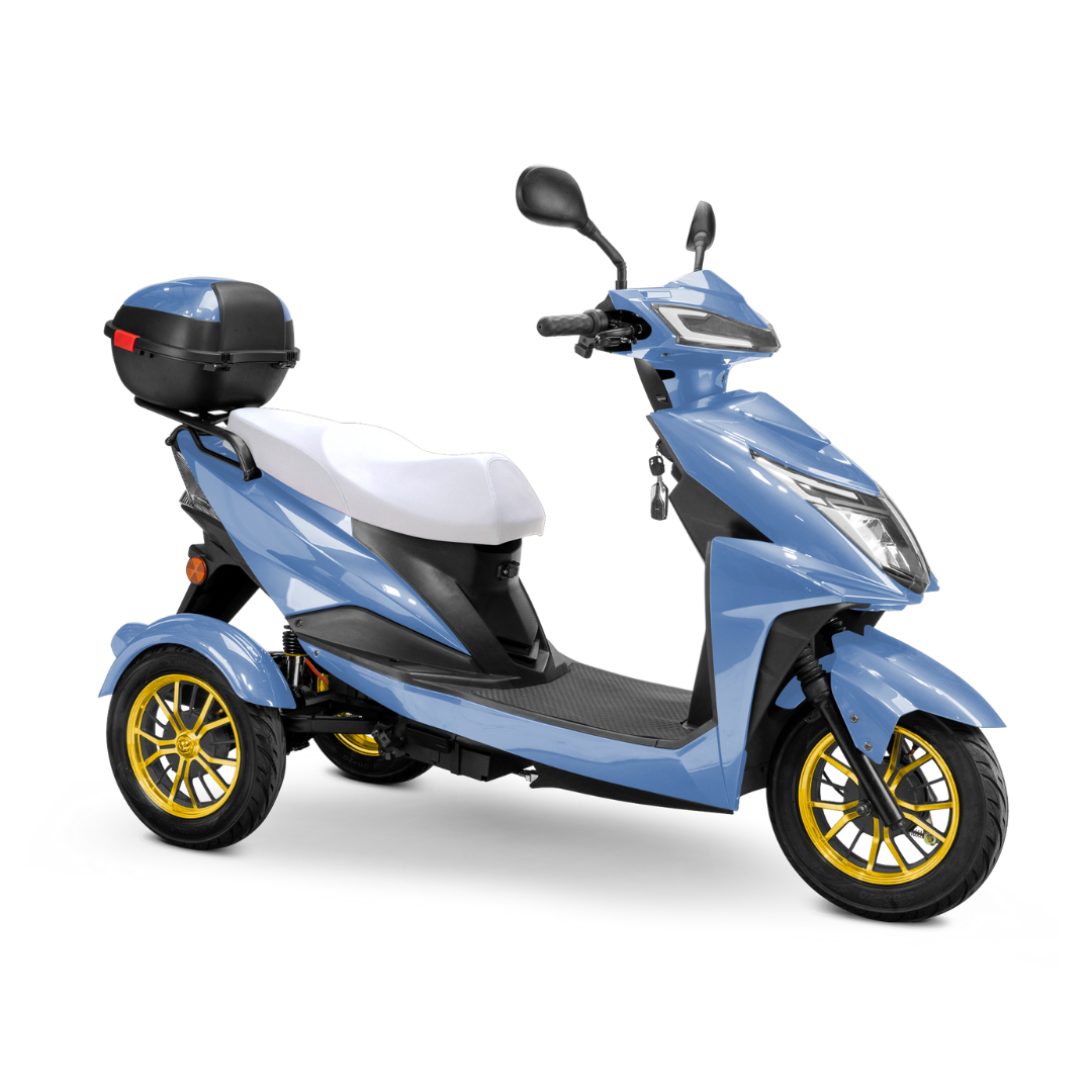 The Bespoke Regal Recreational 3-Wheel Scooter is a modern blue electric scooter with gold rims, white seat, black footrest, rear storage box, handlebars, advanced alarm system, and 600-watt motor—shown on a white background.