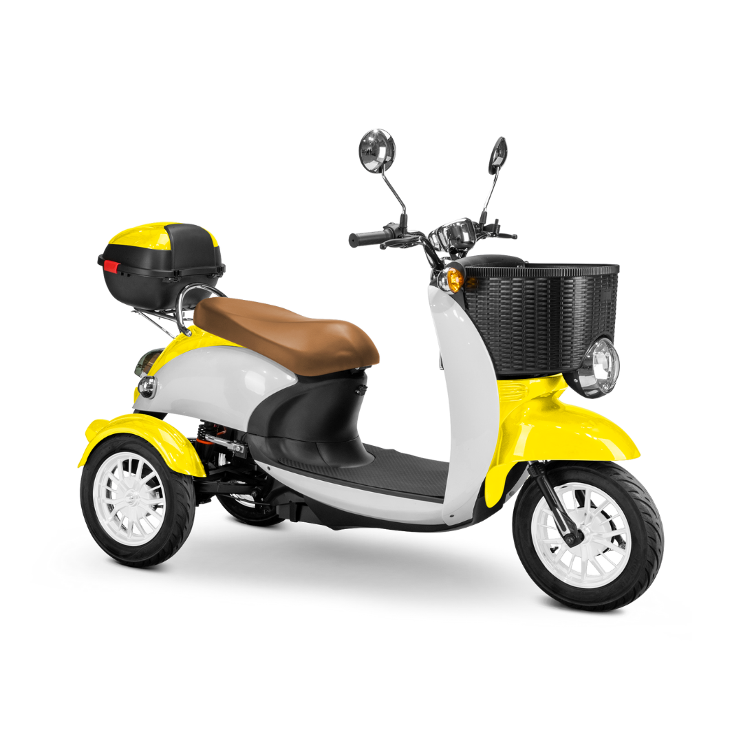 The Bespoke Supreme Euro-Style Recreational 3-Wheel Scooter features a modern yellow and white design, 600W motor, electric brake assist, brown seat, black front basket, rear storage box, and dual mirrors—all displayed on a white background.