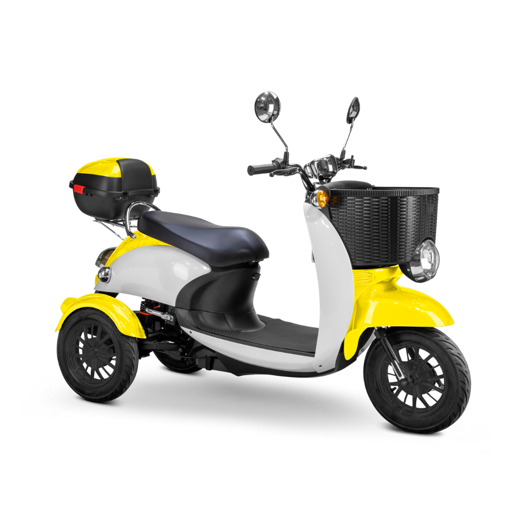 The Bespoke Supreme Euro-Style 3-Wheel Scooter, shown at an angle on a white background, features a modern yellow and white design, 600-watt motor, electric brake assist, black front basket, rear storage box, and black seat.