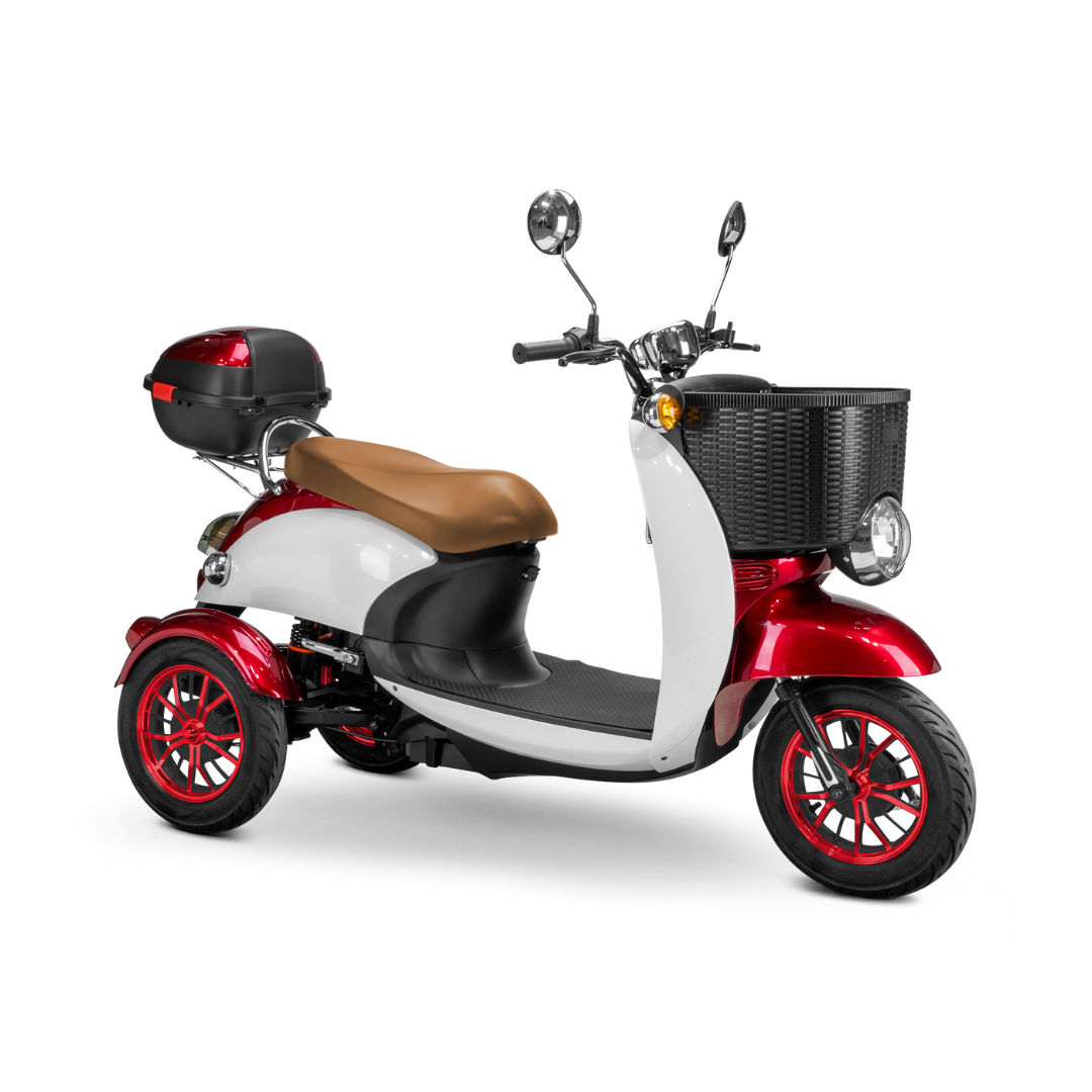 The Bespoke Supreme Euro-Style Recreational 3-Wheel Scooter with Electric Brake Assist features a 600W motor, red and white body, brown seat, black front basket, rear storage box, and red-rimmed tires on a white background.