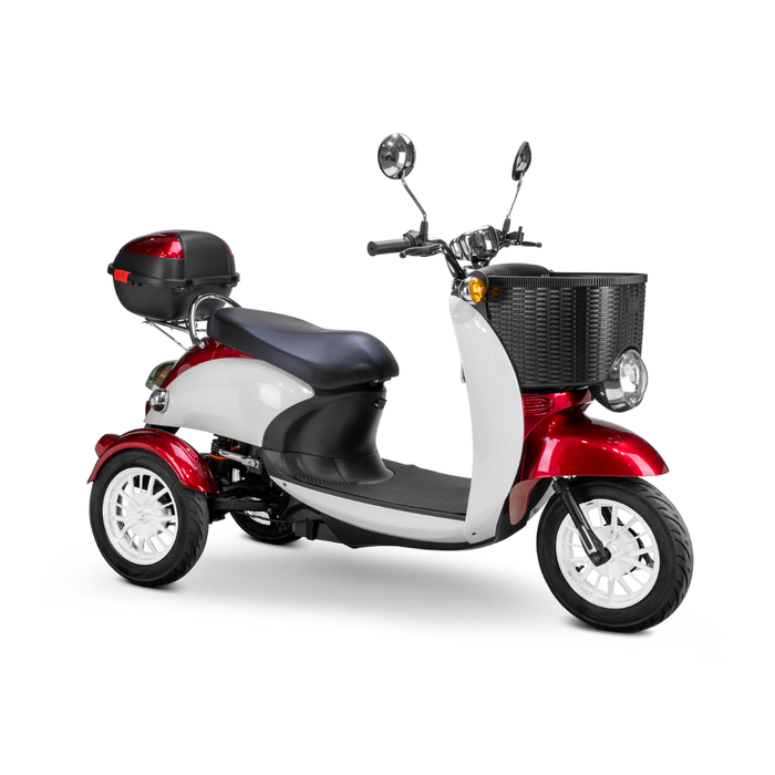 The Bespoke Supreme Euro-Style Recreational 3-Wheel Scooter with Electric Brake Assist features a 600-watt motor, black front basket, rear storage box, black seat, red and white body, and two handlebar mirrors on a plain white background.
