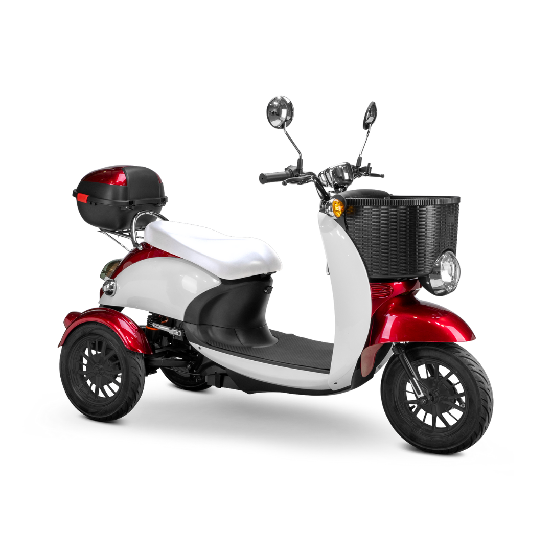 The Bespoke Supreme Euro-Style Recreational 3-Wheel Scooter with Electric Brake Assist features a 600-watt motor, white and red body, front basket, rear storage box, side mirrors, and black seat, displayed on a white background.