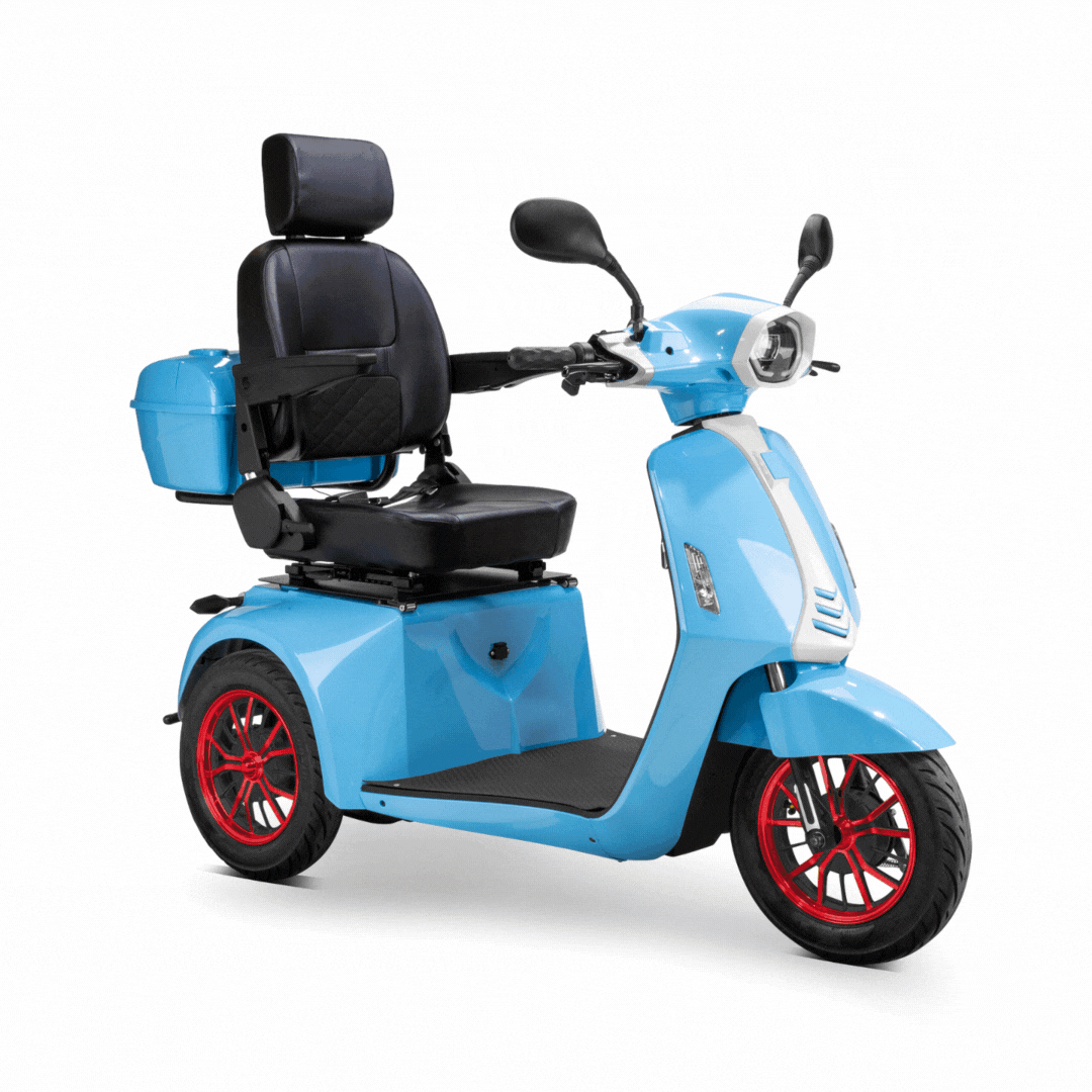 The Bespoke Elite Recreational 3-Wheel Scooter with Electric Brake Assist boasts a 600W motor, digital speedometer, blue frame, black cushioned seat with armrests and backrest, red-rimmed wheels, rear storage box, and handlebars on a white background.