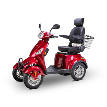 The Bespoke Prestige Recreational 4-Wheel Scooter features a red frame, black adjustable cushioned seat with headrest and armrests, handlebar, headlight, rear metal basket, and a powerful 600-watt motor. Shown on a white background.