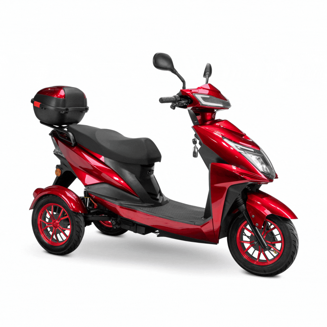 The Bespoke Regal Recreational 3-Wheel Electric Scooter features a shiny red finish, powerful 600W motor, black seat, rear view mirrors, and rear storage box. It is shown on a plain white background.