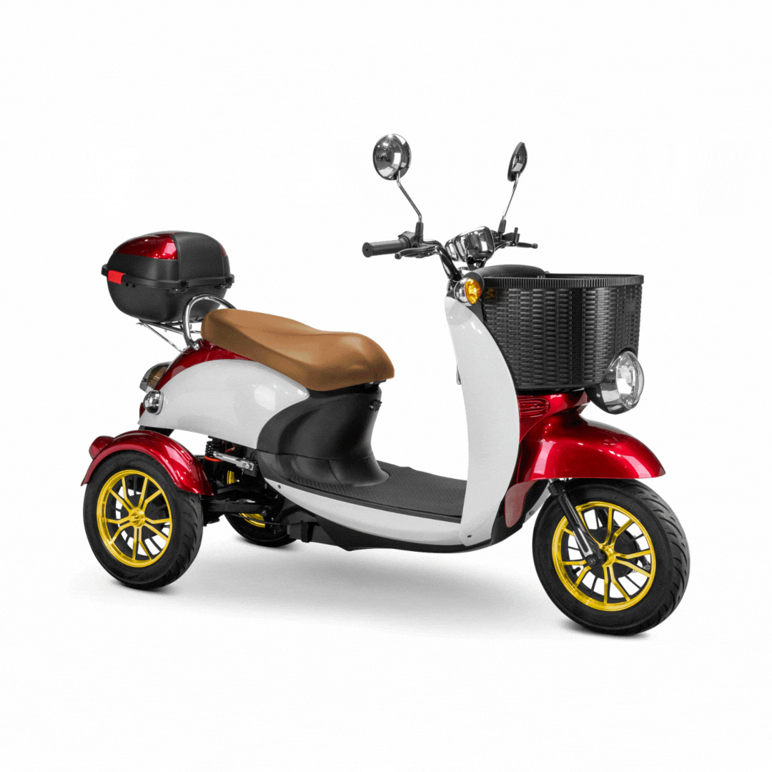 The Bespoke Supreme Euro-Style Recreational 3-Wheel Scooter with Electric Brake Assist features a red and white design, brown seat, black front basket, rear storage box, yellow-accented wheels, and a powerful 600-watt motor.