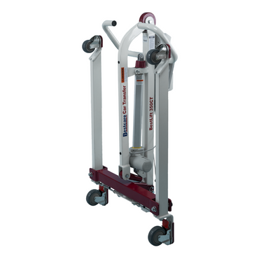 The Bestcare BestLift PL350CT is a foldable portable patient lift in white and maroon, designed for car transfers and mobility needs. It includes wheels for easy transportation and storage, ensuring convenience in any situation.