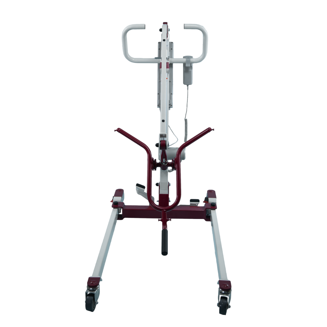 Front view of the Bestcare BestLift PL350CT, a red and white folding portable lift featuring two handles, a control panel, and an adjustable wheeled base. Its designed to assist in car transfers and help individuals with mobility needs.