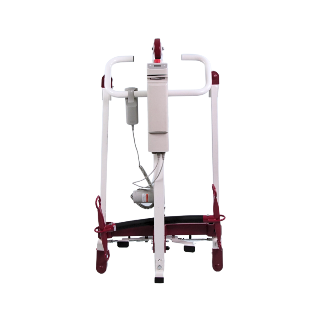 Front view of a white and red Bestcare BestLift PL400EF compact electric lift featuring handlebars, a control panel, footrests, and wheels for mobility. This travel-friendly aid is designed for convenience on the go.