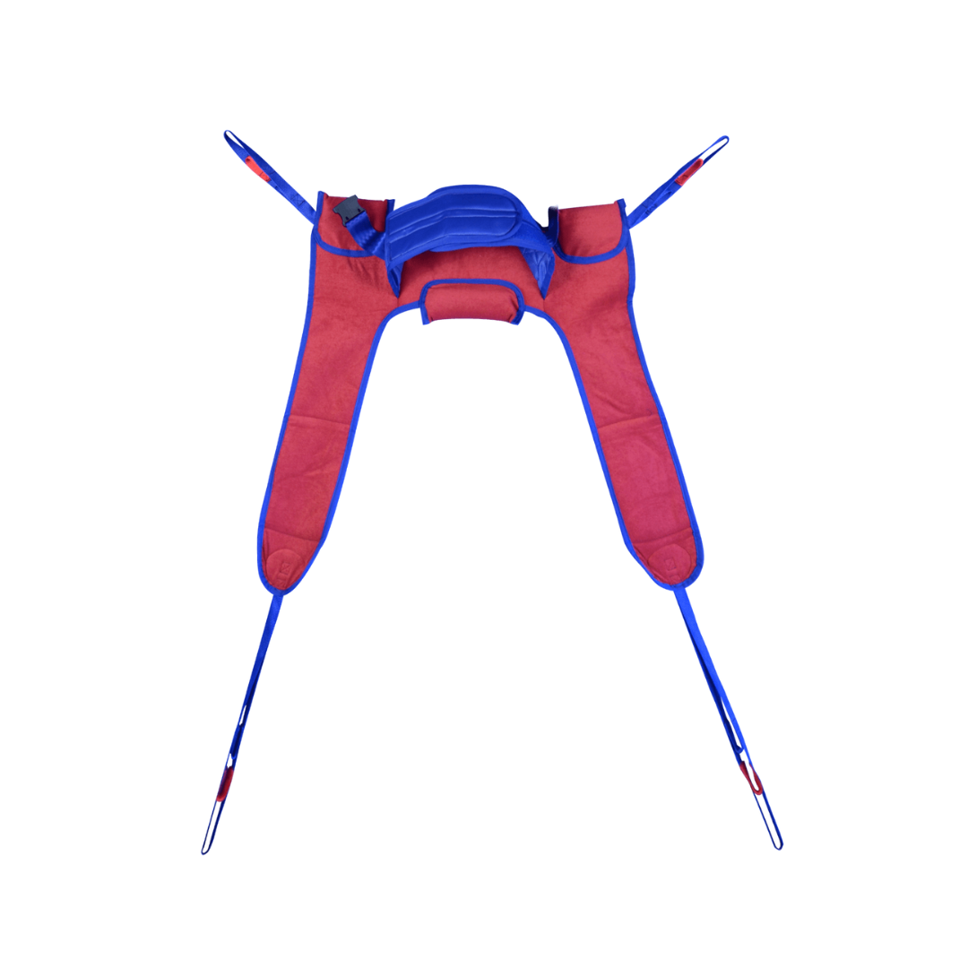 A red and blue padded Bestcare Sani-Sling for patient lifts with four straps is shown flat on a white background, featuring leg and back support sections for use with mechanical or Stand Assist lifts.