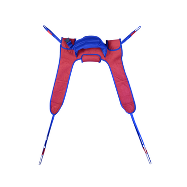 A red and blue padded Bestcare Sani-Sling for patient lifts with four straps is shown flat on a white background, featuring leg and back support sections for use with mechanical or Stand Assist lifts.