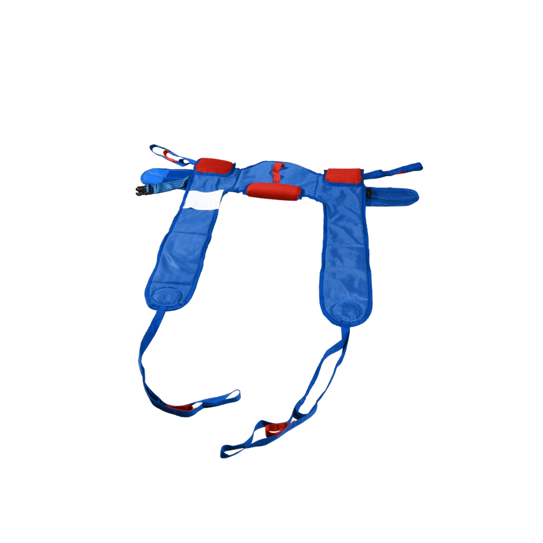 A blue and red padded Bestcare Sani-Slings For Patient Lifts, featuring adjustable straps for safe transfer or repositioning of individuals with limited mobility, is laid flat on a white background.