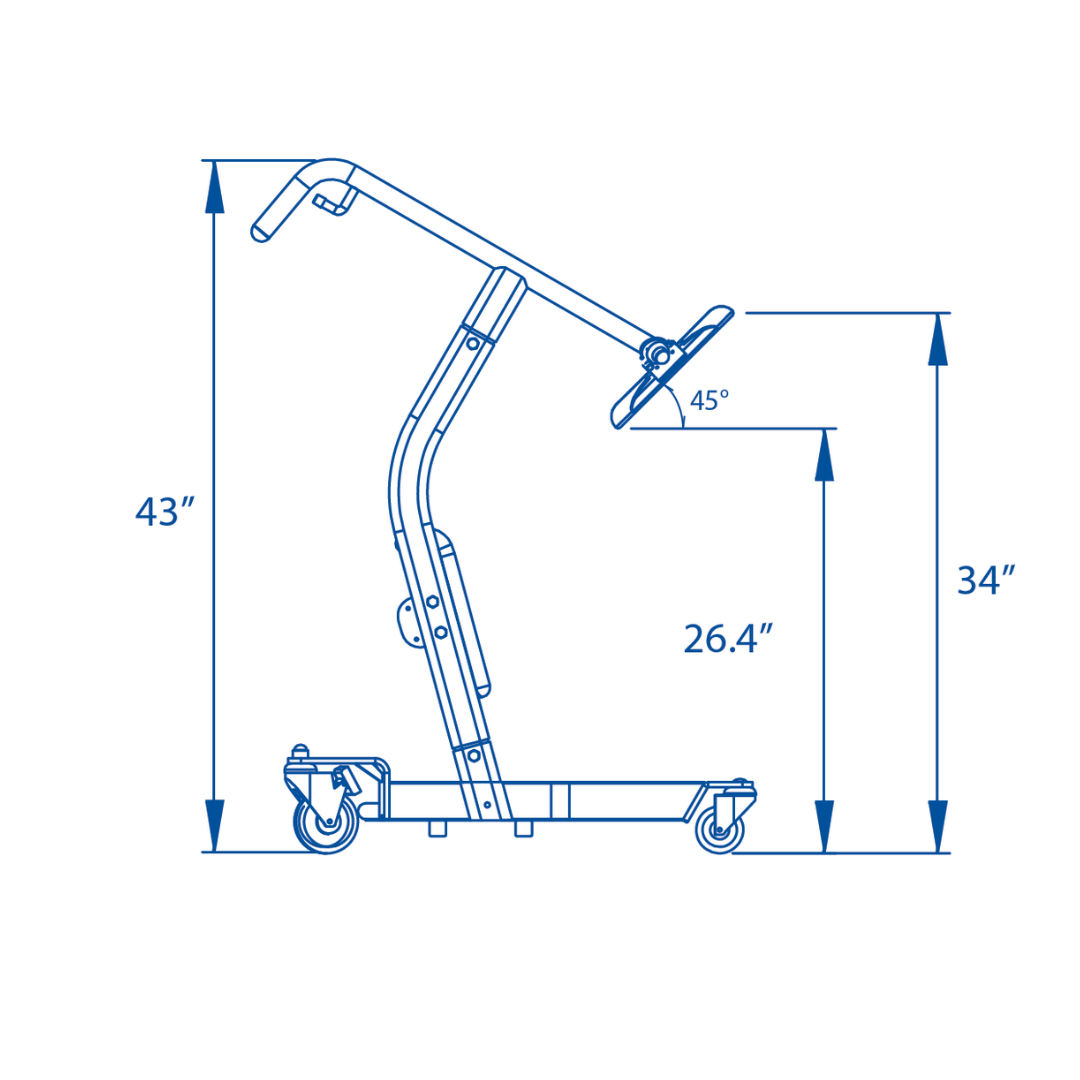 Blueprint-style diagram of the Bestcare STA400 Standing Transfer Aid, showing measurements: 43" high, 34" to platform, 26.4" handle height at a 45° angle, with caster wheels at the base.