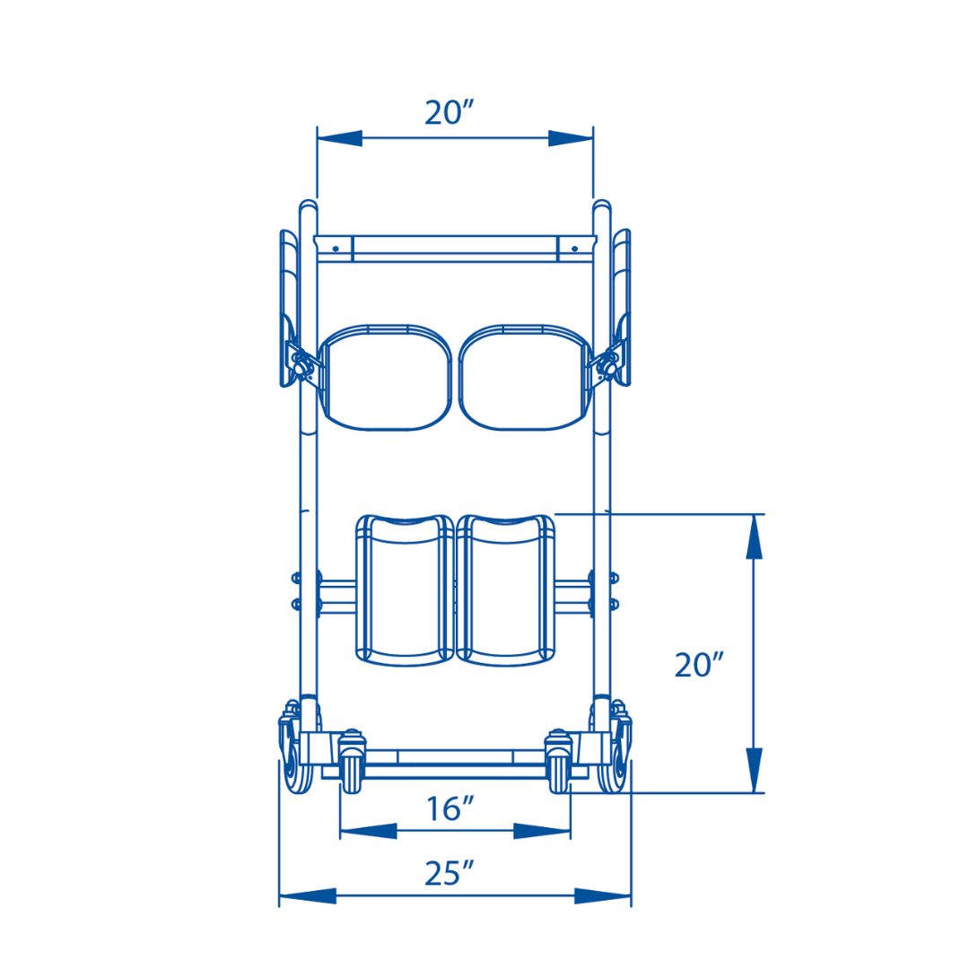 Blueprint-style top view of the Bestcare STA400 Standing Transfer Aid shows padded supports, four wheels, hand grips, and labeled dimensions: 20" wide at top, 20" tall, 16" wide at center, and 25" wide at base.