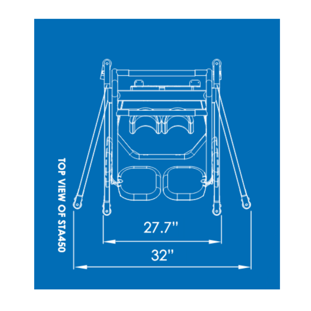 Blueprint-style diagram showing the top view of the Bestcare STA450 Standing Transfer Aid, a caregiver assist device measuring 27.7 inches wide by 32 inches deep, designed for reliable standing transfer support.