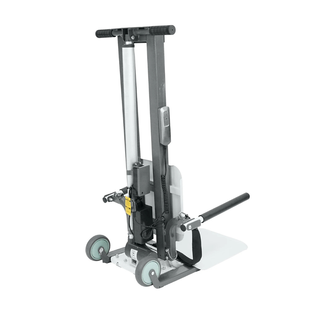 The Climbing Steps Bounce Back Fall Recovery Bariatric Patient Floor Lift is a compact, upright hand truck with two gray wheels and a metal frame, designed for manual lifting and transporting heavy items to aid independent living.