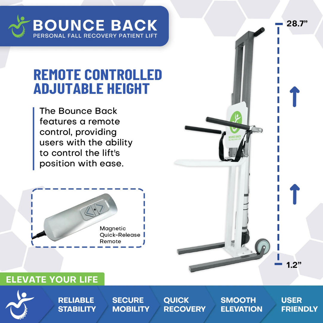 The Climbing Steps Bounce Back Fall Recovery Bariatric Patient Floor Lift is a white and gray remote-controlled lift adjusting from 1.2 to 28.7, offering stability, mobility, smooth elevation, and easy use for independent living support.