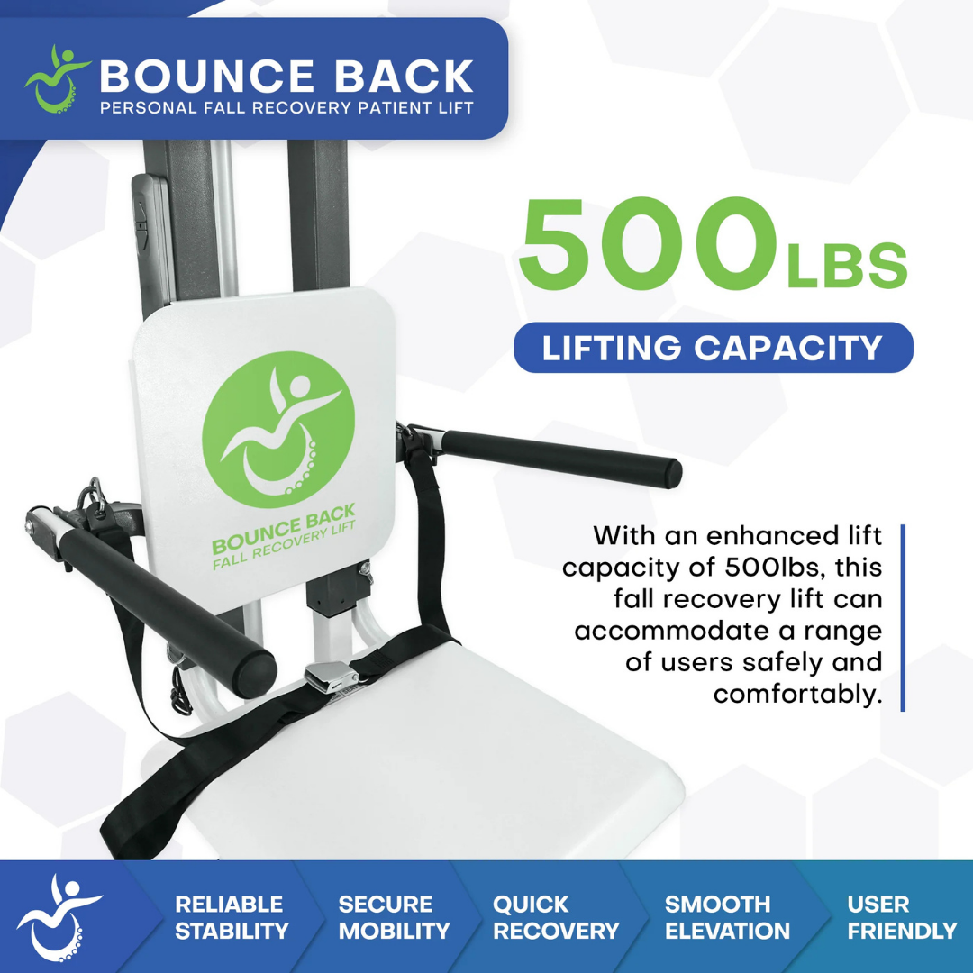 The Climbing Steps Bounce Back Fall Recovery Bariatric Patient Floor Lift features detachable arms/backrest, a 500 lbs capacity, portable design, stability, secure mobility, smooth elevation, and supports quick recovery and independent living.